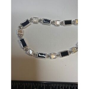 Napier Silver Tone Black Enamel Mother of Pearl Shell Link Bracelet 7.25 Inch